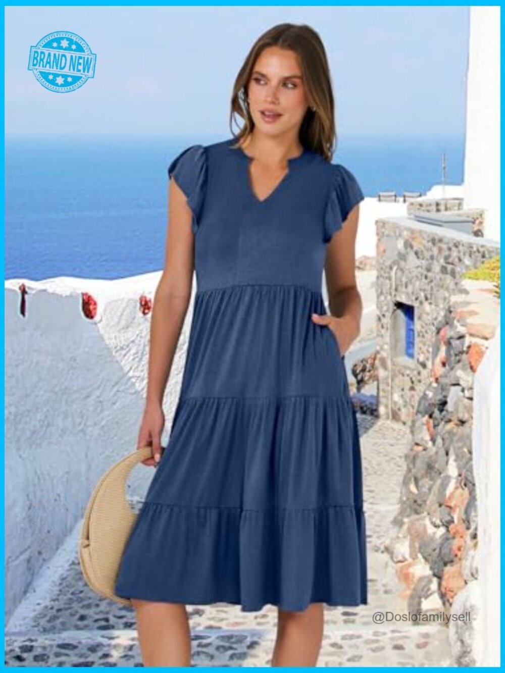 V Neck Ruffle Sleeve Tiered Midi Dress Flowy Casual Boho Beach Vacation Summer - Picture 4 of 7